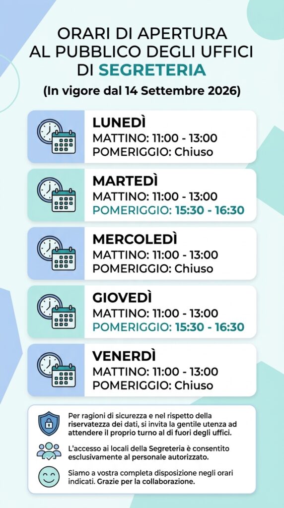 Orari di apertura alo pubblico della segreteria